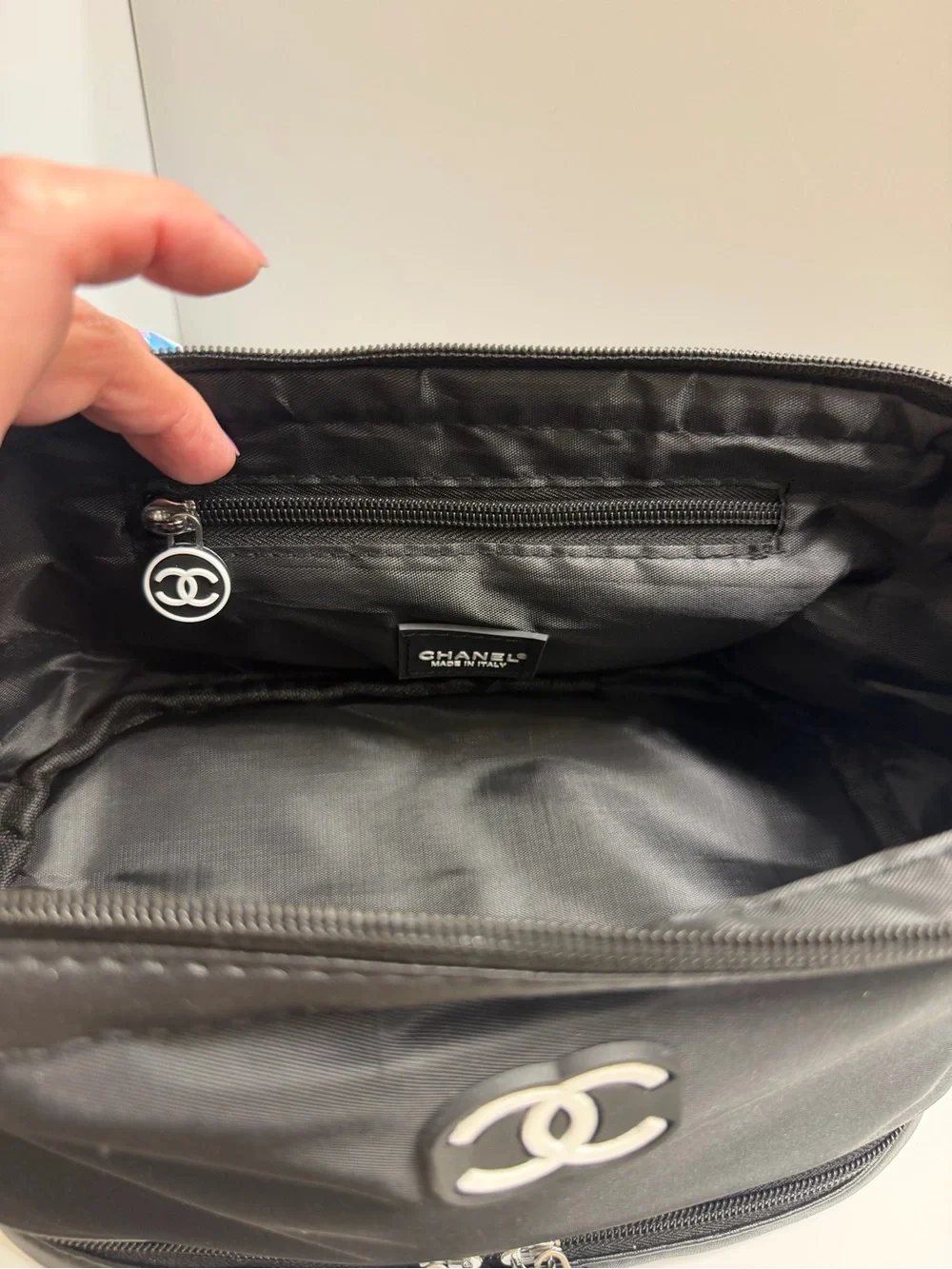CHANEL Beauty- Black Cosmetic Pouch with White CC and Logo Tag